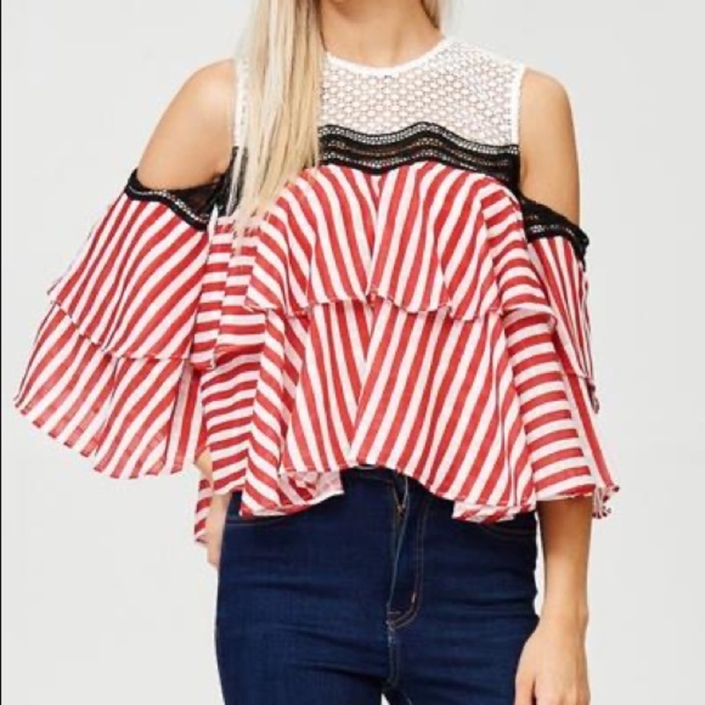 COPY - Boutique | Stripe Cold-Shoulder top with 2-layer ruffled detail New